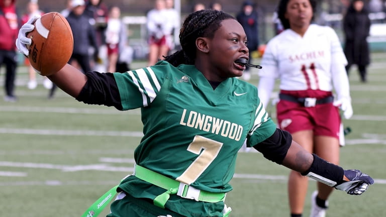 Longwood WR Vinte'Ya Rountree reacts after scoring a touchdown against...