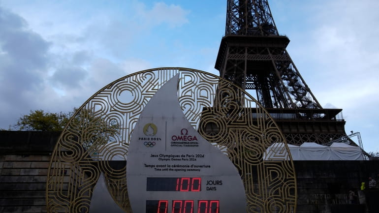 The countdown clock reading 100 days before the Paris 2024...