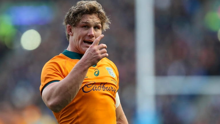 FILE- Australia's Wallaby captain Michael Hooper gestures during the rugby...