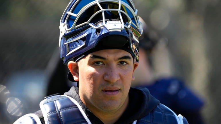 Yankees catcher Jose Trevino watches a spring training workout  Feb. 21 in Tampa,...
