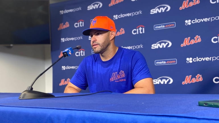 J.D. Martinez at news conference during Mets spring training.