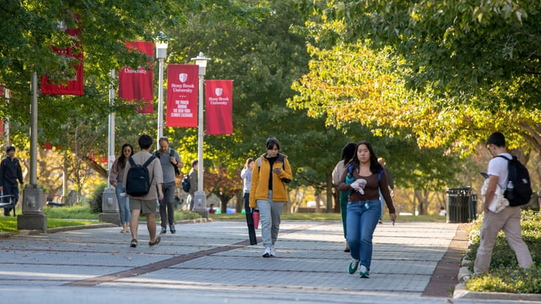 Students on Stony Brook University's campus on Thursday. 