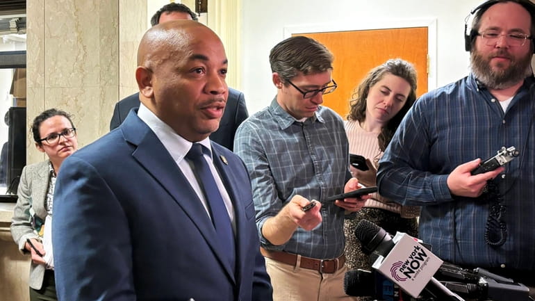 Assembly Speaker Carl Heastie (D-Bronx) speaks with reporters Tuesday at...