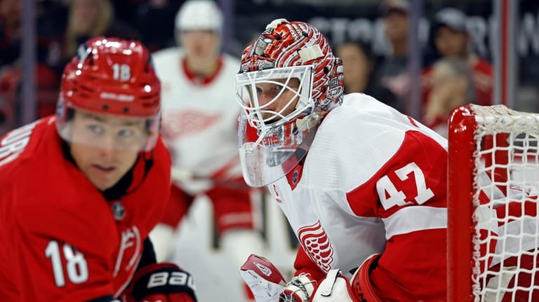 Detroit Red Wings goaltender James Reimer (47) watches the puck...