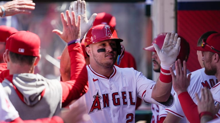 Los Angeles Angels designated hitter Mike Trout celebrates in the...