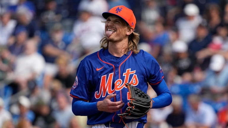 Mets pitcher Phil Bickford pauses on the mound during the...