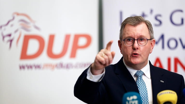 Democratic Unionist Party (DUP) leader Jeffrey Donaldson speaks to the...