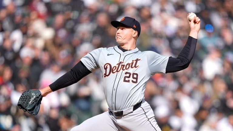 Detroit Tigers starting pitcher Tarik Skubal delivers during the first...