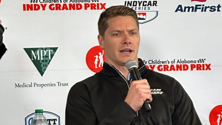 Reigning Indianapolis 500 champion Josef Newgarden talks in Birmingham, Ala.,...