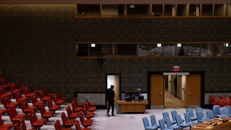 A general view shows an empty Security Council chamber, prior...