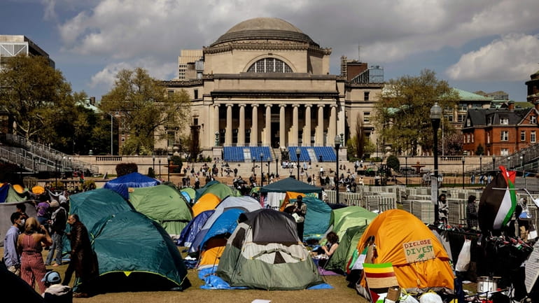 Pro-Palestinian demonstration encampment is seen at the Columbia University, Friday,...