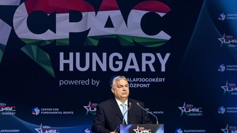 Hungarian Prime Minister Viktor Orban delivers his address at the...