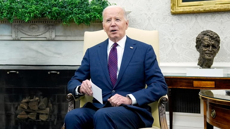 President Joe Biden speaks during a meeting with Prime Minister...