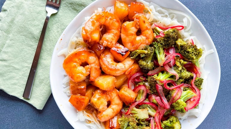 Sautéed shrimp with pineapple and lightly pickled broccoli served over...
