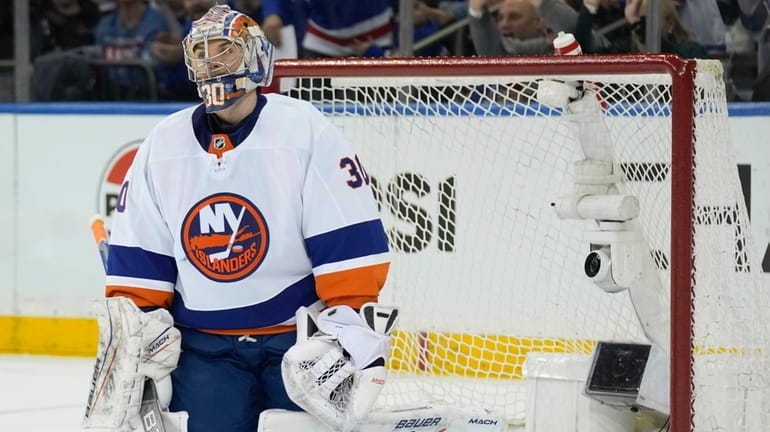 New York Islanders goaltender Ilya Sorokin after being scored on...