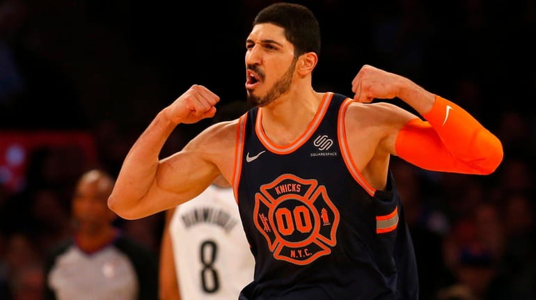 Enes Kanter of the Knicks reacts after a basket in...