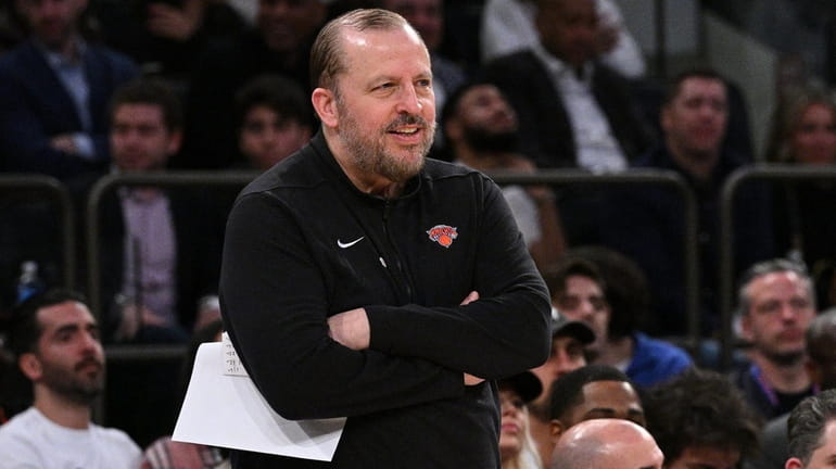 Knicks head coach Tom Thibodeau looks on against the Detroit...