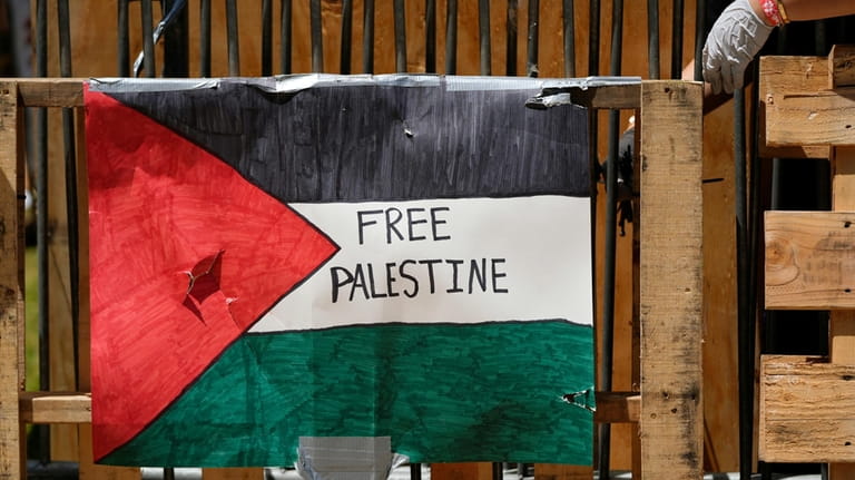 A pro Palestinians sign is shown on the UCLA campus,...