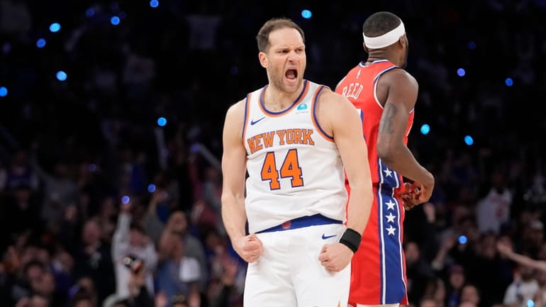 New York Knicks forward Bojan Bogdanovic (44) reacts during the...