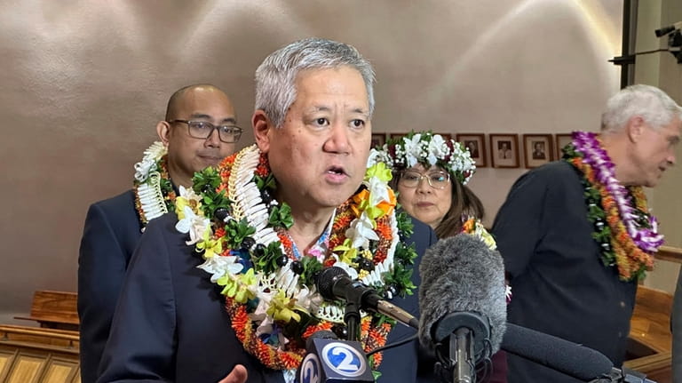 House Speaker Scott Saiki speaks to reporters at the Hawaii...