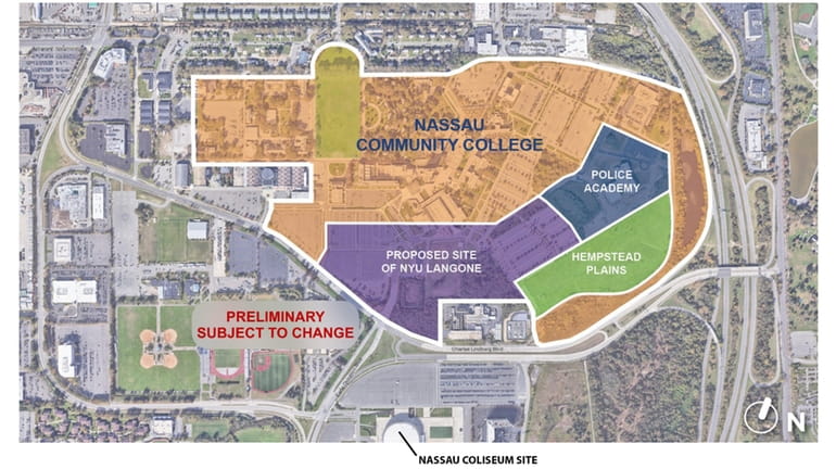 A preliminary map of the proposed NYU Langone campus in Uniondale....