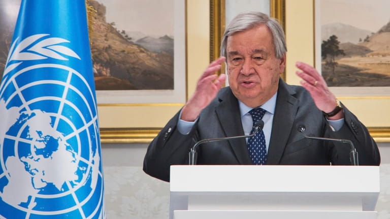 United Nations Secretary-General Antonio Guterres speaks to journalists on the...