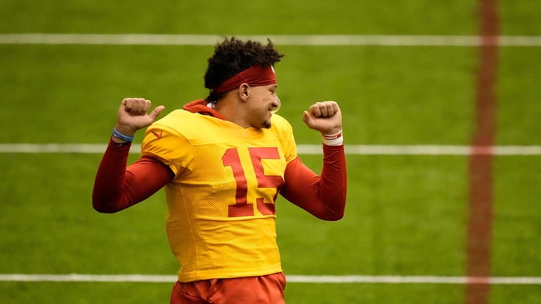 Kansas City Chiefs quarterback Patrick Mahomes stretches during the NFL...
