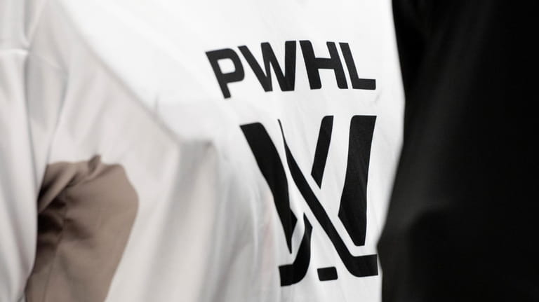 A PWHL logo is seen on a player's jersey during...