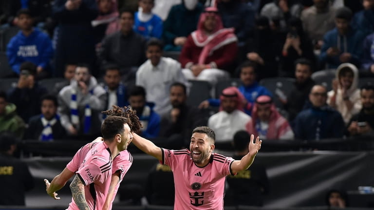 Inter Miami's players celebrate after scoring during the Riyadh Season...