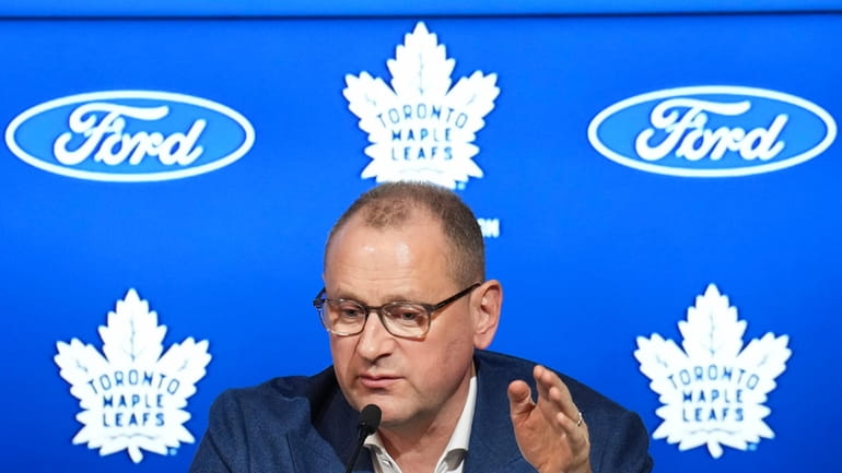 New Toronto Maple Leafs general manager Brad Treliving speaks to...
