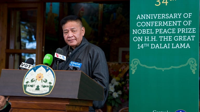 President of the Central Tibetan Administration, Penpa Tsering, speaks at...