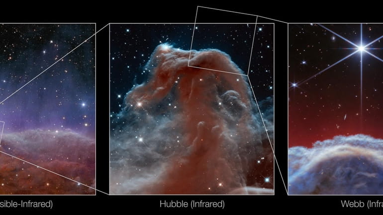 This image shows three views of the Horsehead Nebula. Image...