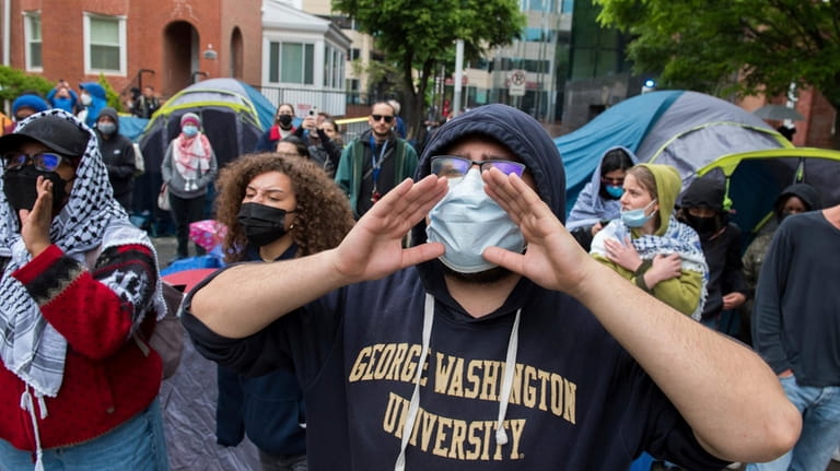 George Washington University students protest the Israel-Hamas war at the...