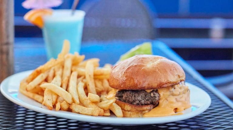 A burger and a blue curacao drink with Malibu rum...
