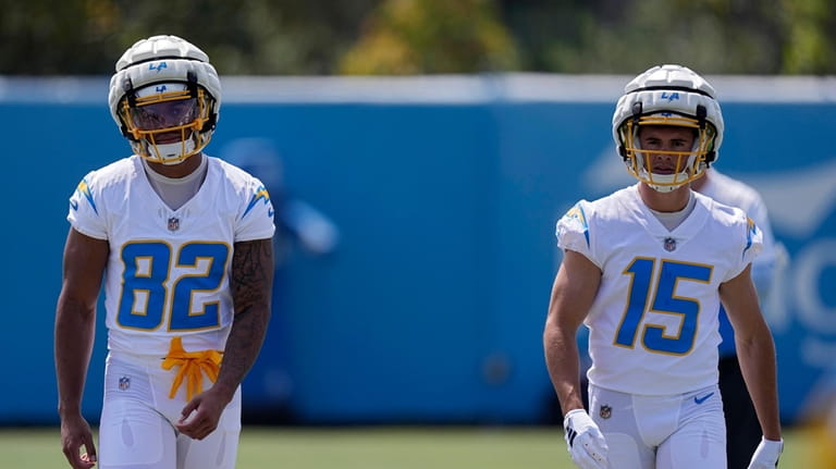Los Angeles Chargers wide receiver Brenden Rice, left, and wide...