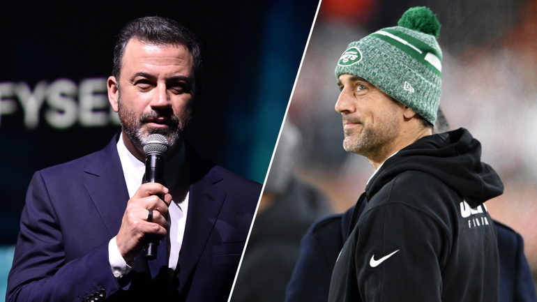 TV host Jimmy Kimmel and Jets quarterback Aaron Rodgers. 
