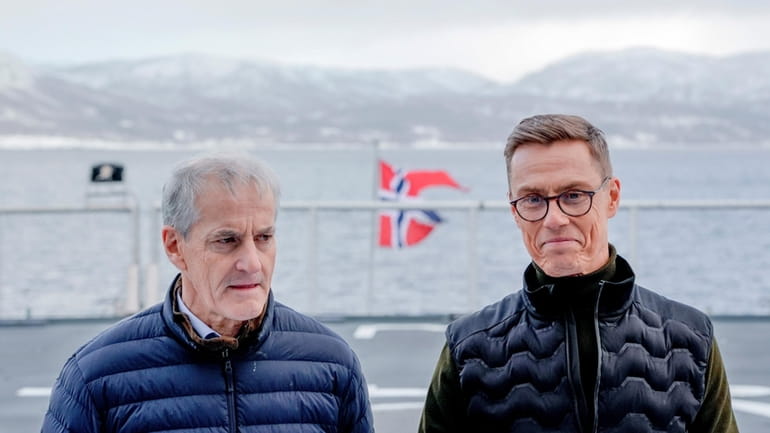 Norwegian Prime Minister Jonas Gahr Støre, left, and Finnish President...