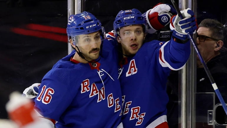 Artemi Panarin of the Rangers celebrates his first period goal...