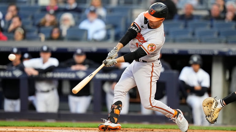 Baltimore Orioles' Adam Frazier hits a two-run double during the...