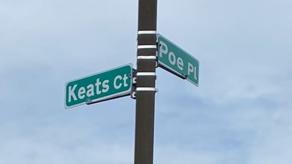 A signpost at the corner of Poe Place and Keats...