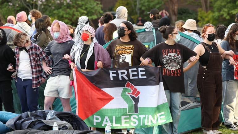 Stony Brook University students stage a pro-Palestinian protest on the...