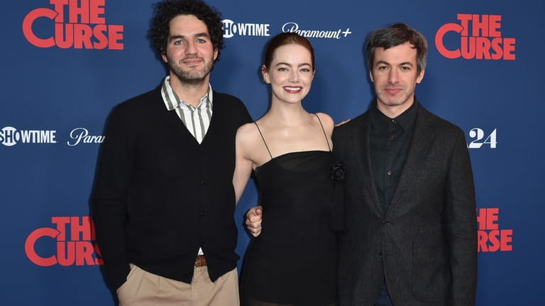 Benny Safdie, from left, Emma Stone and Nathan Fielder attend...