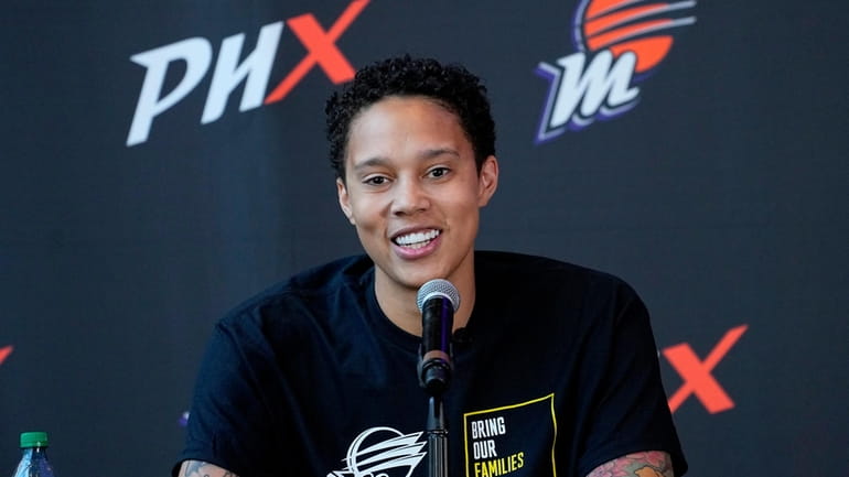 WNBA basketball player Brittney Griner speaks at a news conference,...