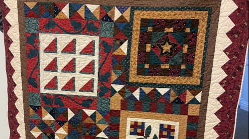 A quilt made to raise donations for Ukrainian relief efforts.