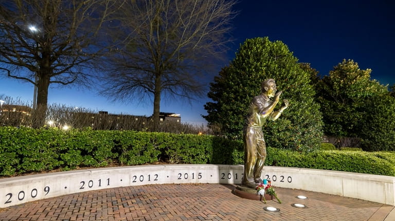 The statue of Alabama football coach Nick Saban stands on...