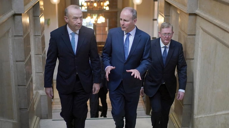 From left, Northern Ireland Secretary Chris Heaton-Harris, Tanaiste Micheal Martin,...