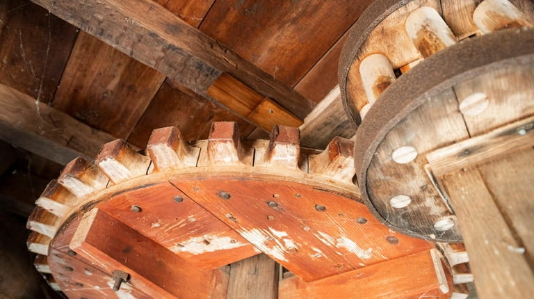 Gears inside the Sylvester Manor windmill on Shelter Island, which...