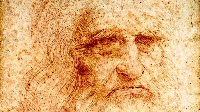 A reproduction of the red-chalk self-portrait (circa 1516) of Leonardo...