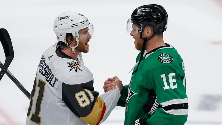 Vegas Golden Knights right wing Jonathan Marchessault (81) talks with...