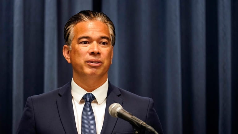California Attorney General Rob Bonta fields questions during a press...